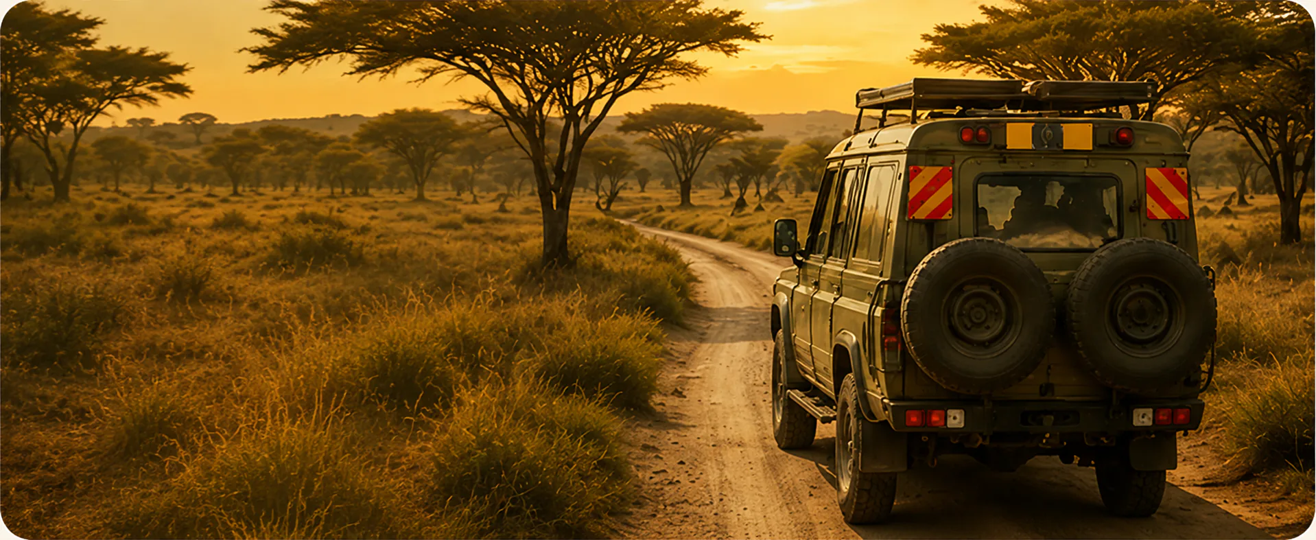 Safari vehicle driving through golden savanna at sunset